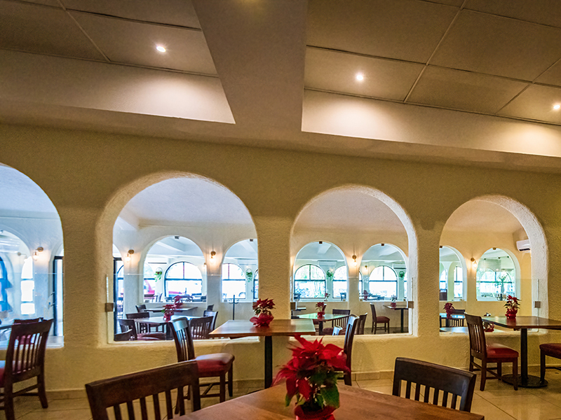 The dining room at Los Arcos, which is served buffet-style breakfast, lunch and dinner. The dining room at Los Arcos, which is served buffet-style breakfast, lunch and dinner.