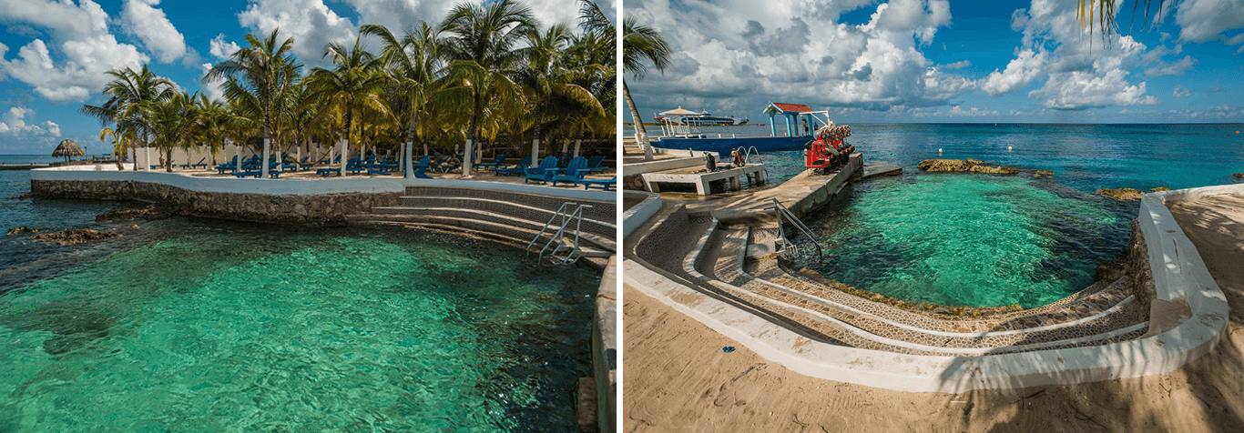 The swimming area at the Beach Club includes a sheltered cove with stairway access. The swimming area at the Beach Club includes a sheltered cove with stairway access.